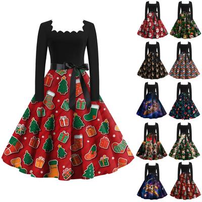 Kadın Modası Retro Uzun Kollu Kare Yaka Noel Baskılı Abiye