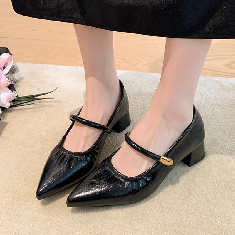 

Fashion 2025 New Retro Style Thick Heel Women Mary Jane Shoes Fashion Shallow Pointed Toe Ladies Comfort Office Pumps Footwear 35 чёрный