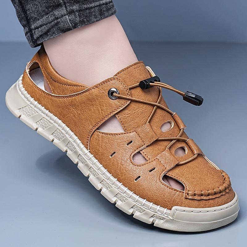 Hard summer leather men's sandals hand-stitched non-slip men's shoes soft-soled outdoor casual shoes bag head shoes
