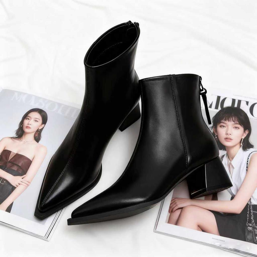Soft leather pointed short boots women's new single boots thick heel medium heel thin high heel boots bare boots