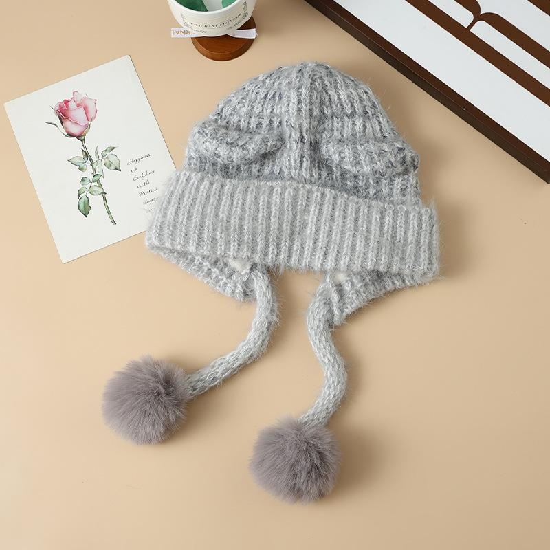 Korean Cute Colorful Bear Ear Wool Ball Cap Autumn and Winter Casual Cold Warm Hat Showing Face Small Knitted Wool Cap