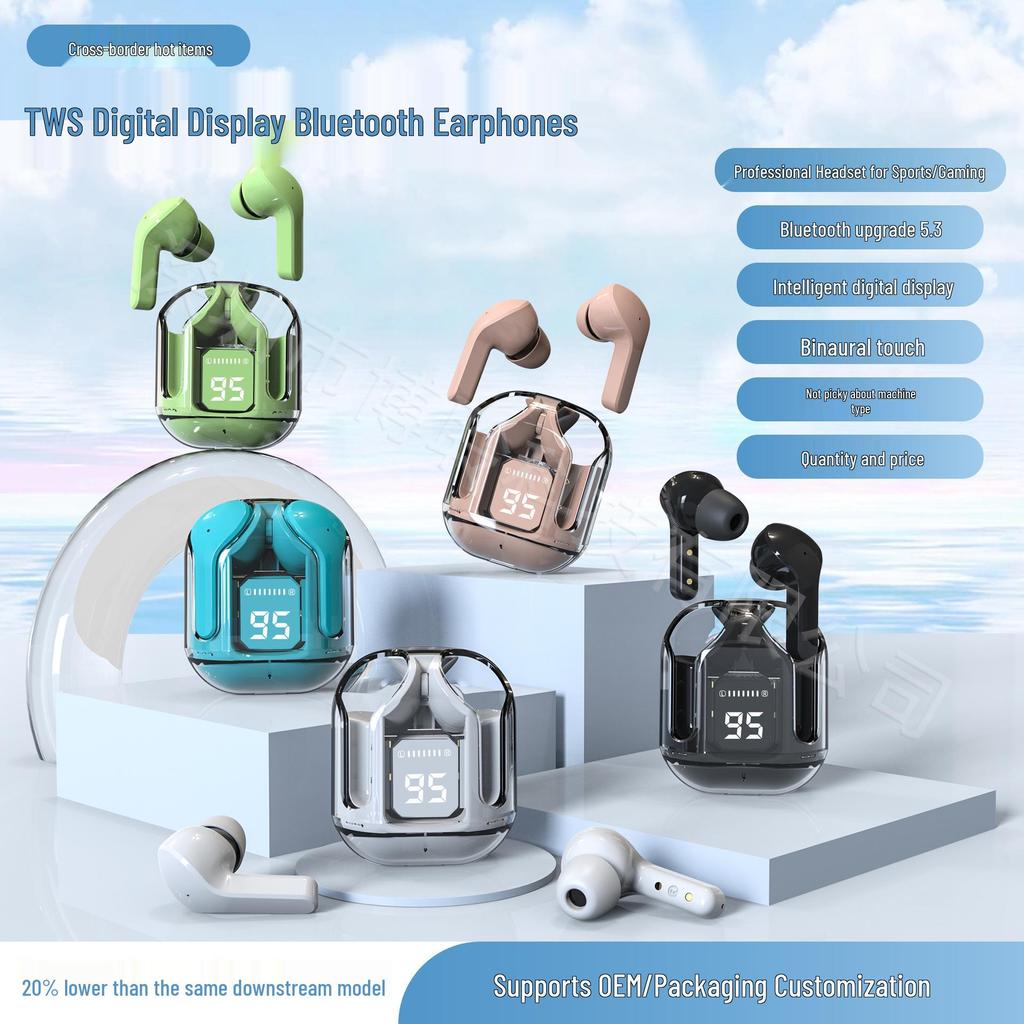 Air39 Transparent Wireless Bluetooth Earbuds with Digital Display, Dual Stereo, Long Battery Life, Ideal for Gaming