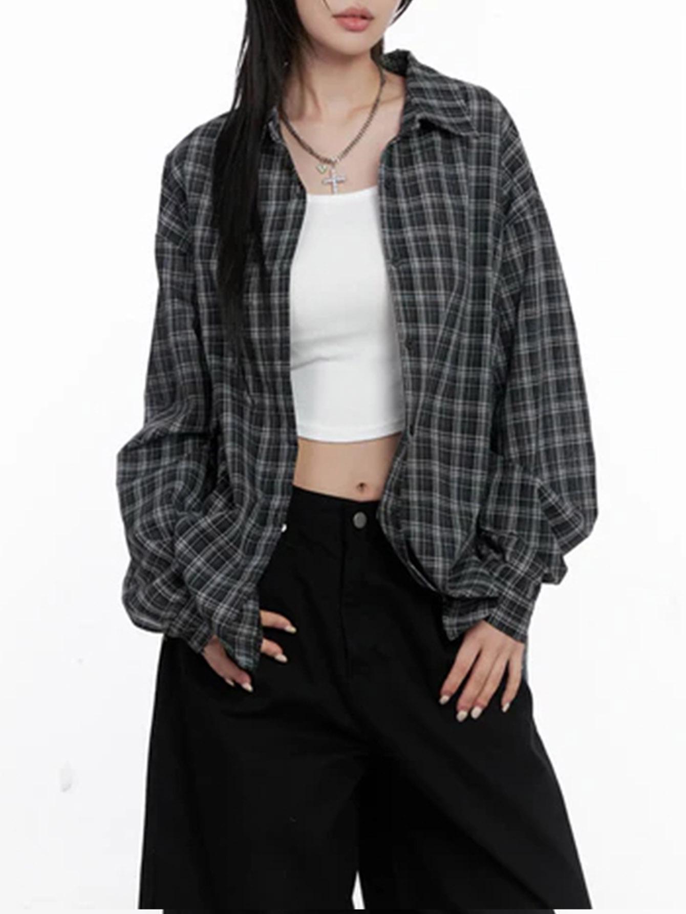 2026 Spring & Autumn Retro Plaid Shirt: Women s Loose Fit Extra Large
