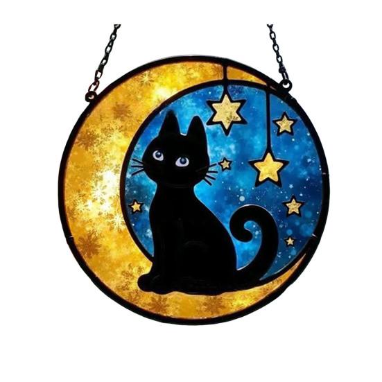 

Подвесной светильник из акрилового стекла с рисунком темного кота и луны, подвесной светильник на окно, витраж ручной работы, декор для дома и улицы