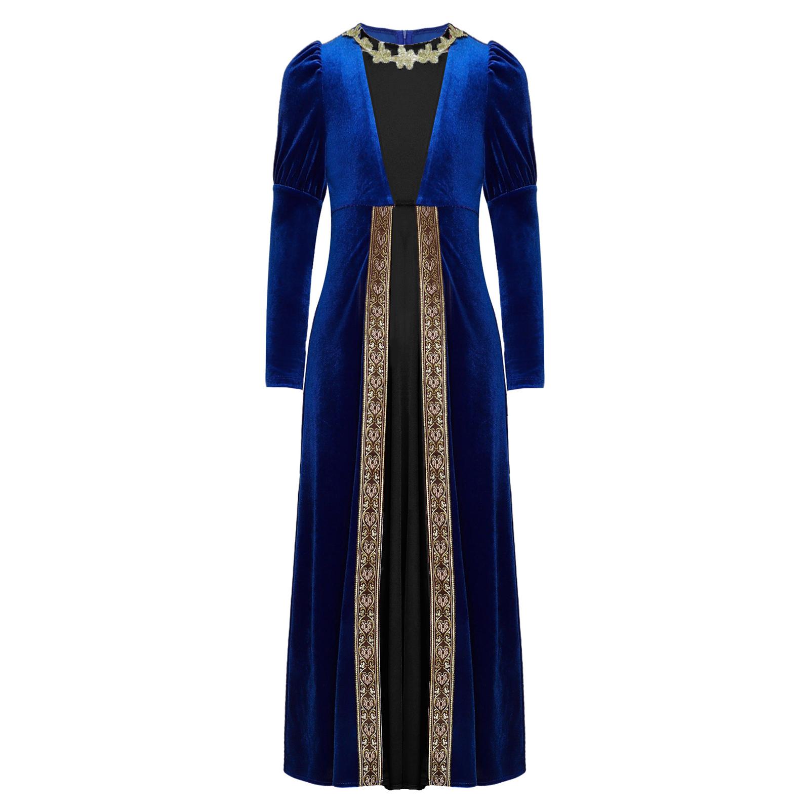 

Girls Renaissance Princess Dress Medieval Velvet Costume Long Sleeve Gold Flower Patchwork Retro Roman Gown 5-6 Years королівський синій колір