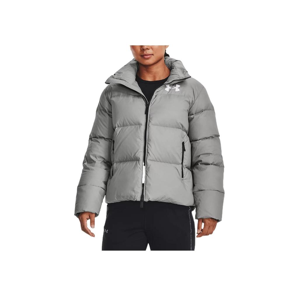 Under Armour FW22 Down Puffer Solid Color Chest Print Sports Casual Stand Collar Down Jacket Women Jacket Gray 1375455-558