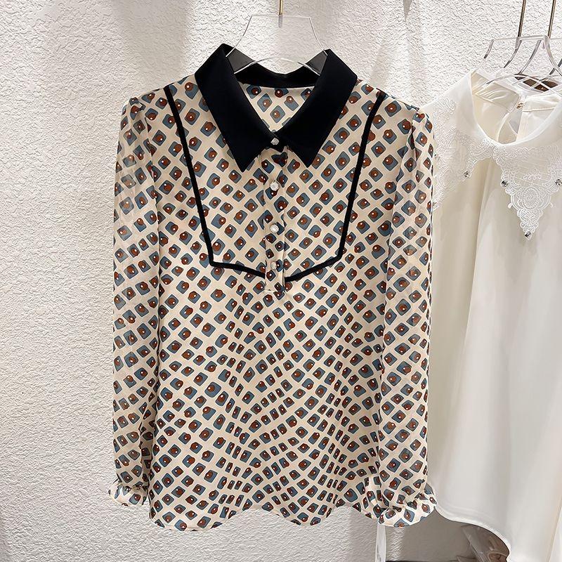 Korean Style Slim Lapel Color-blocking Printing Age-reducing Long-sleeved Chiffon Shirt Thin Top