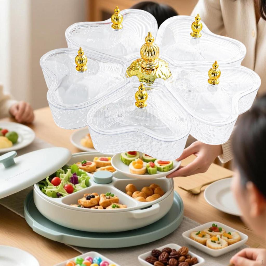 Divided Rotating Serving Tray 5 Compartments Multifunctional Organizer with Lid Appetizer for