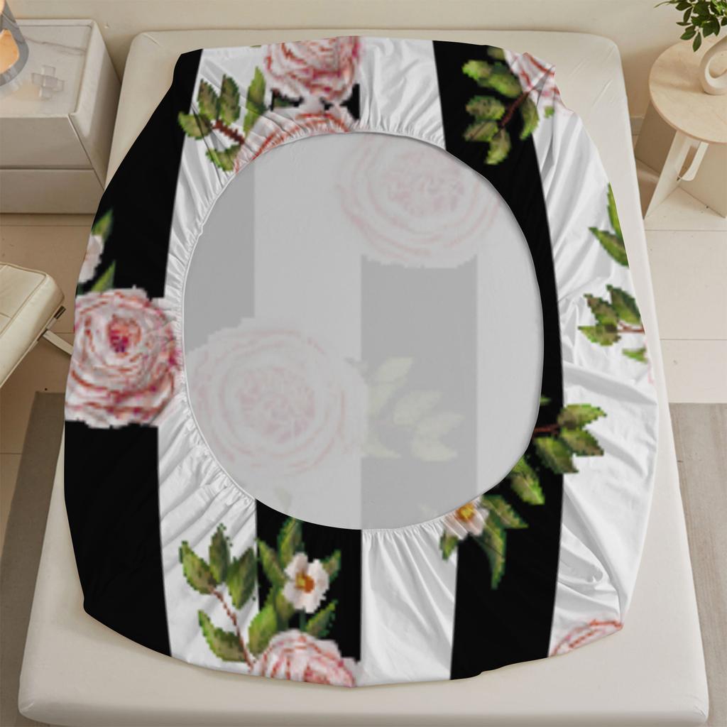 3pcs Fitted Sheet Set Black And White Stripes With Pink Flowers Bed Sheet With Pillowcases For Bedroom Decor