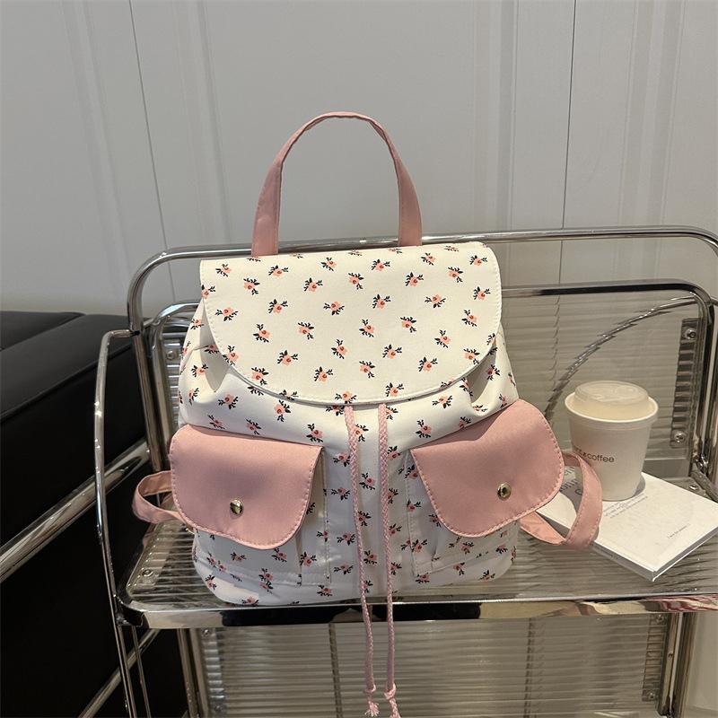 Women Floral Backpack Stylish Laptop Backpack Large Capacity Students School Bag Multi-pockets Adjustable Strap Nylon Backpack