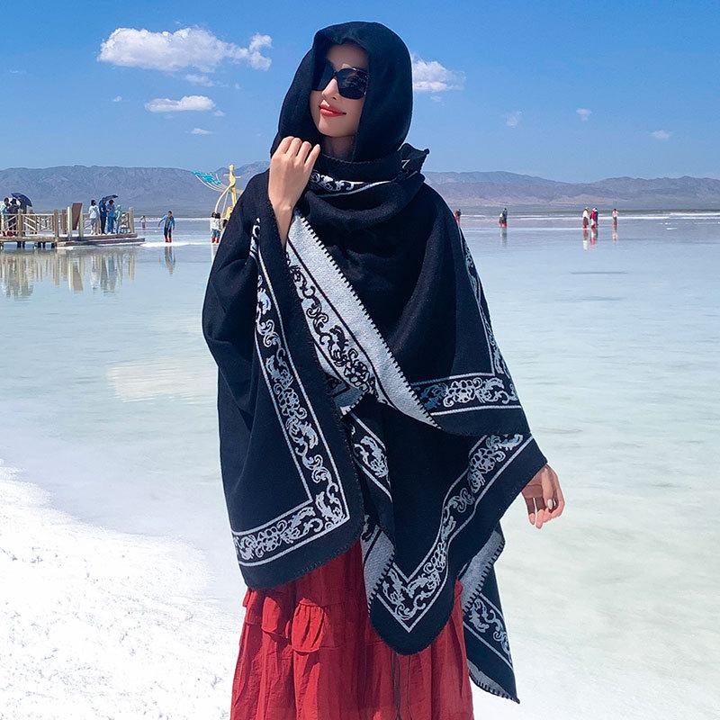 Autumn and winter warm flower jacquard air conditioner thickened split shawl cape women s big cashew nut ethnic style scarf cape 148*140