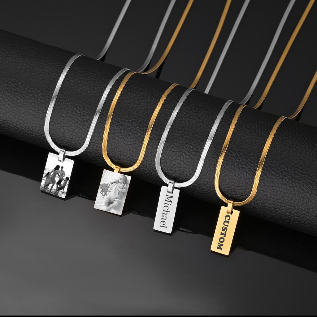 Atoztide Personalized Engrave Picture Name Necklace Stainless Steel for Women Strip Heart Blade Chain Pendant Jewelry Gift