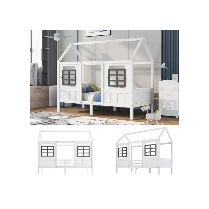 Lit d'enfant - MUVOE - Lit de maison - 200x90cm - MDF - Blanc - Sécurisé