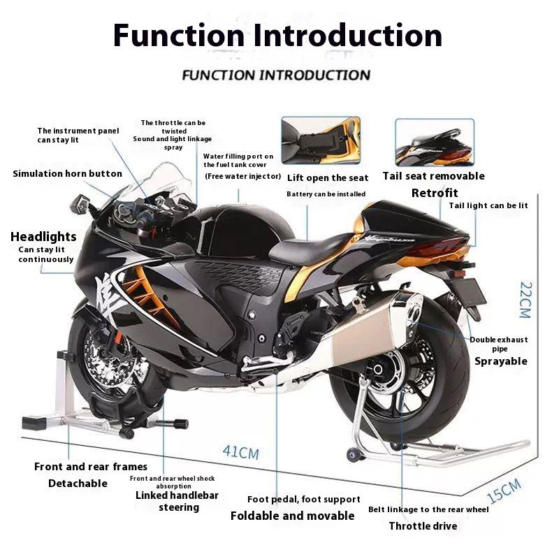 1/6 Suzuki Hayabusa Cool Alloy Motorcycle Model, Cool Sound and Light, Exhaust Pipe Sprayable, The Best Collection for Motorcycle Enthusiasts