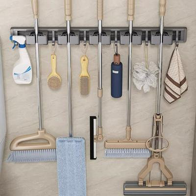 Mop And Broom Organizer with 5 Hooks Wall Mounted Punch-free Waterproof Anti-skid Roller Design Strong Load Bearing Bathroom Kitchen Mop Holder Rack
