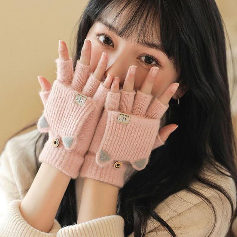 1 Paar Damen Winter Niedliche Katzenohr Halbfinger Klapphandschuhe - Weiche Winddichte Warme Handschuhe