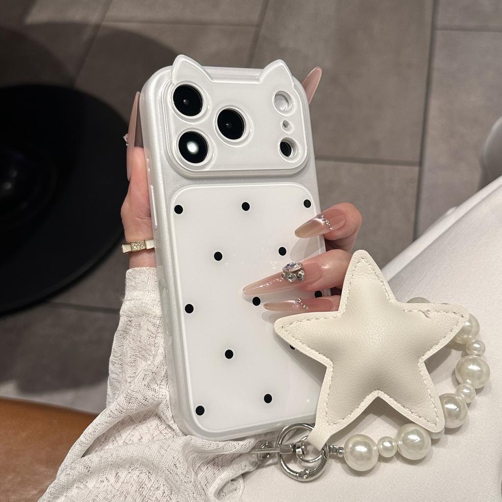 Girl powder is suitable for contrasting color polka dots Apple 17promax mobile phone case cat ears 14PM with lanyard iPhone16