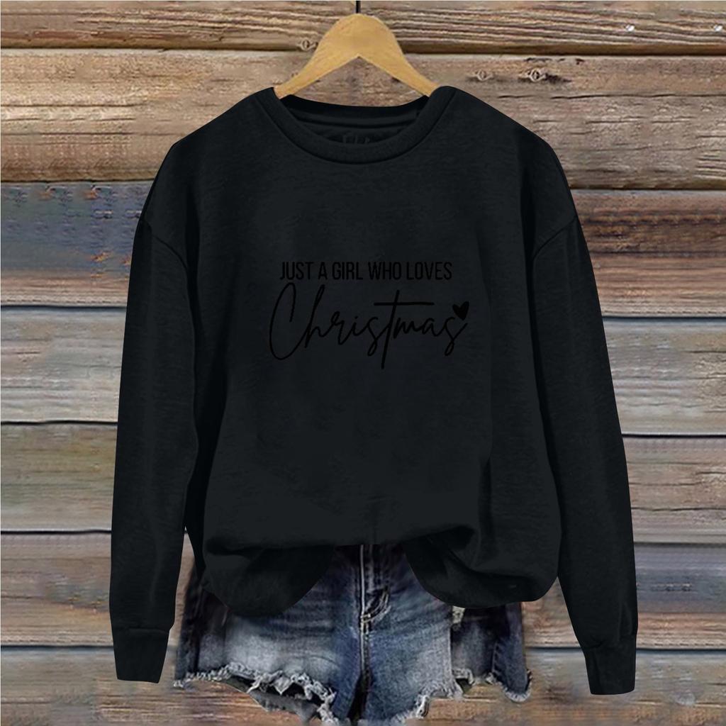 Women's Casual Loose Solid Color Christmas Letter Printed Round Neck Long Sleeved Sweatshirt