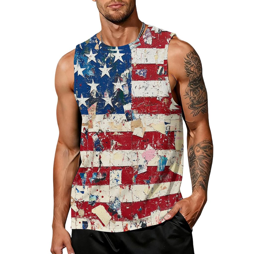 Men's casual trend colorful flag print tank top for men, men's sporty breathable sleeveless shirt