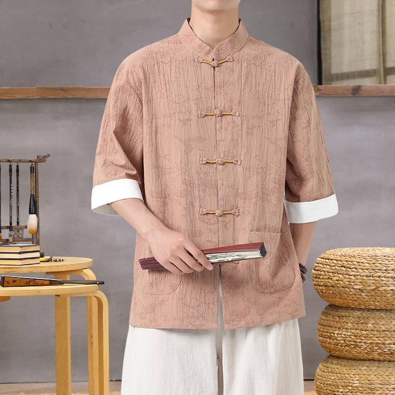 Men's Lightweight Mandarin Collar Printed Shirt Summer Chinese Style Cotton and Linen Casual Wear Top M-5XL