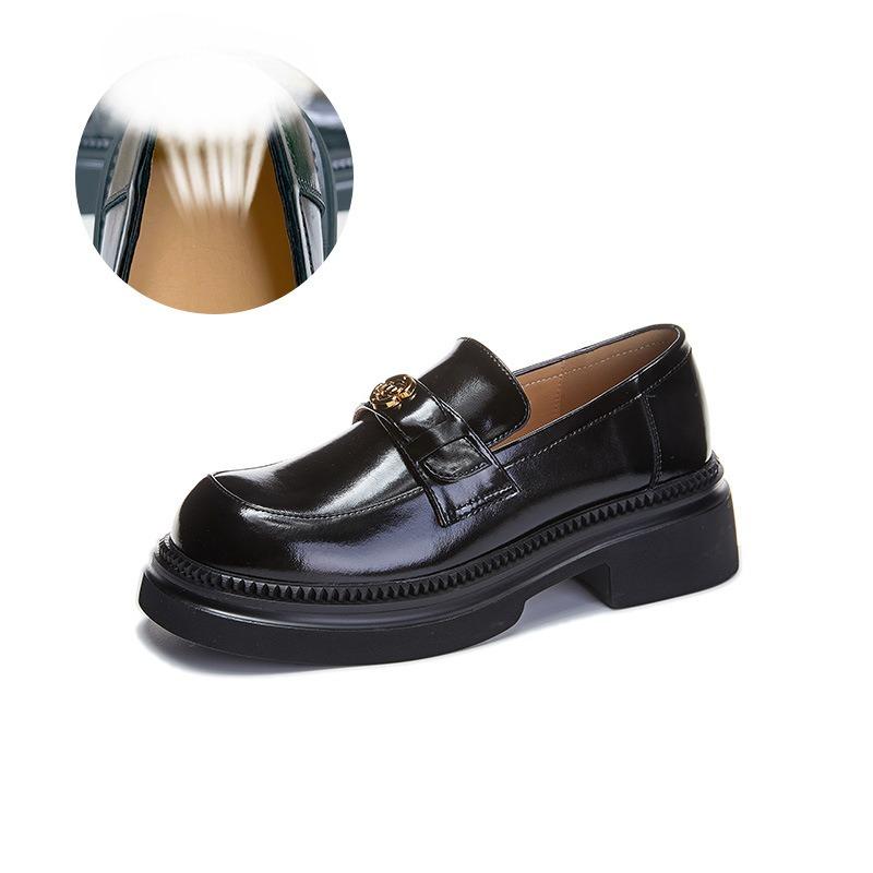 Мокасины с неглубоким носком на толстом каблуке маленькие кожаные туфли модные туфли женские маленькие ароматные ветряные одинарные туфли 35 чёрный 5380₽