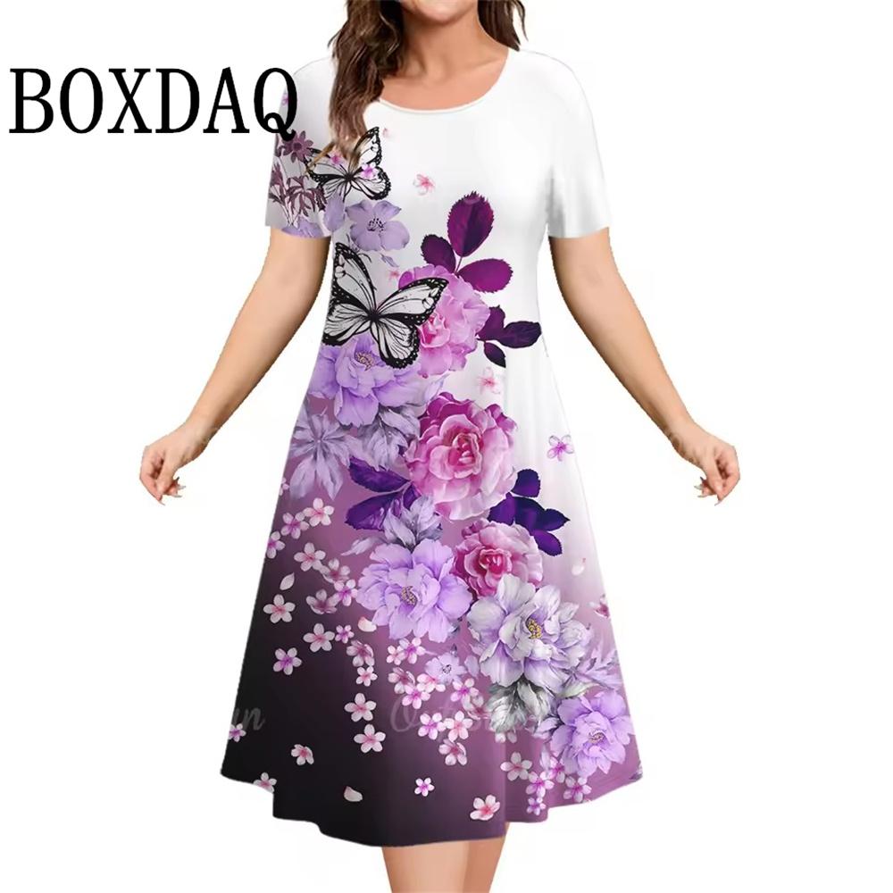 Casual Short Sleeve Woman Dress Elegant Summer Fashion Casual Loose Flowers 3D Print Dresses For Women 2025 Female Clothing