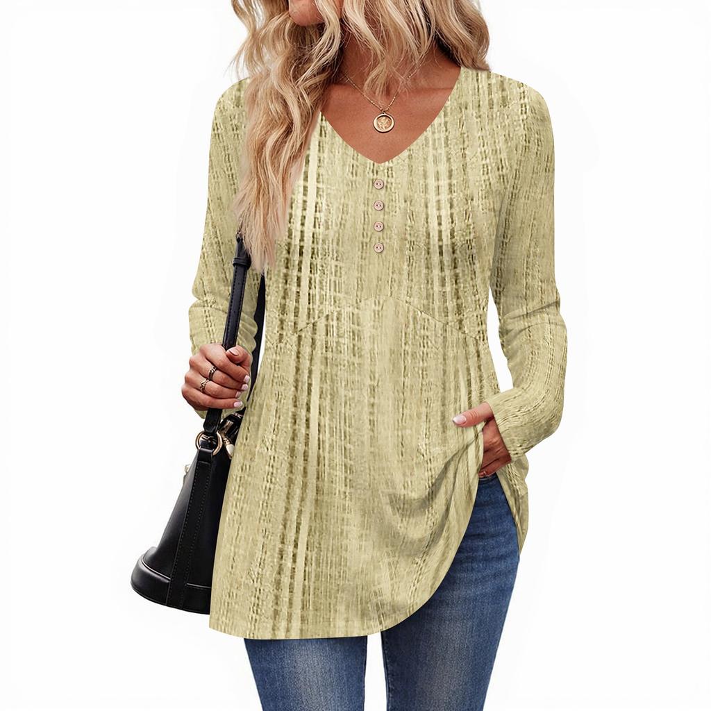 Women's Casual Fashion V-Neck Button Textured Long Sleeve Top