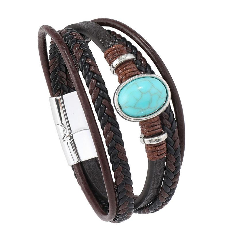 Vintage Boho Handgeflochtene Leder Armbänder Magnetverschluss Ovaler Blauer Stein Anhänger Lederarmband für Männer