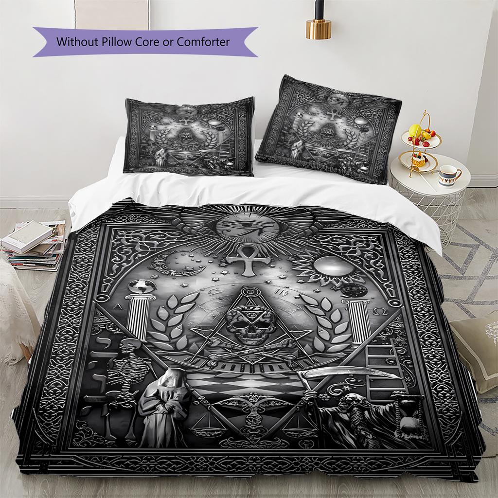 Masonic Freemason Pattern Bedding Quilt Set Quilt Cover Pillowcase Home Decoration Birthday Gift (1 * duvet cover + 2 * pillowcase, without core)