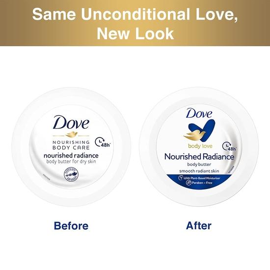 Dove Body Love Nourished Radiance Body Butter Paraben Free, 48hrs Moisturisation with Plant Based moisturiser Soft Radiant Skin 235g