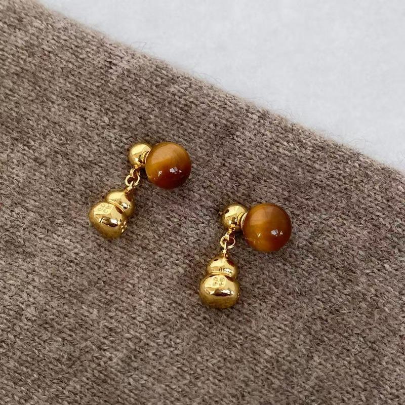 Silver Needle Explosive Tiger's Eye Stone Pendant Earrings Maillard Retro Temperament Versatile Earrings Light Luxury Premium Earrings Women