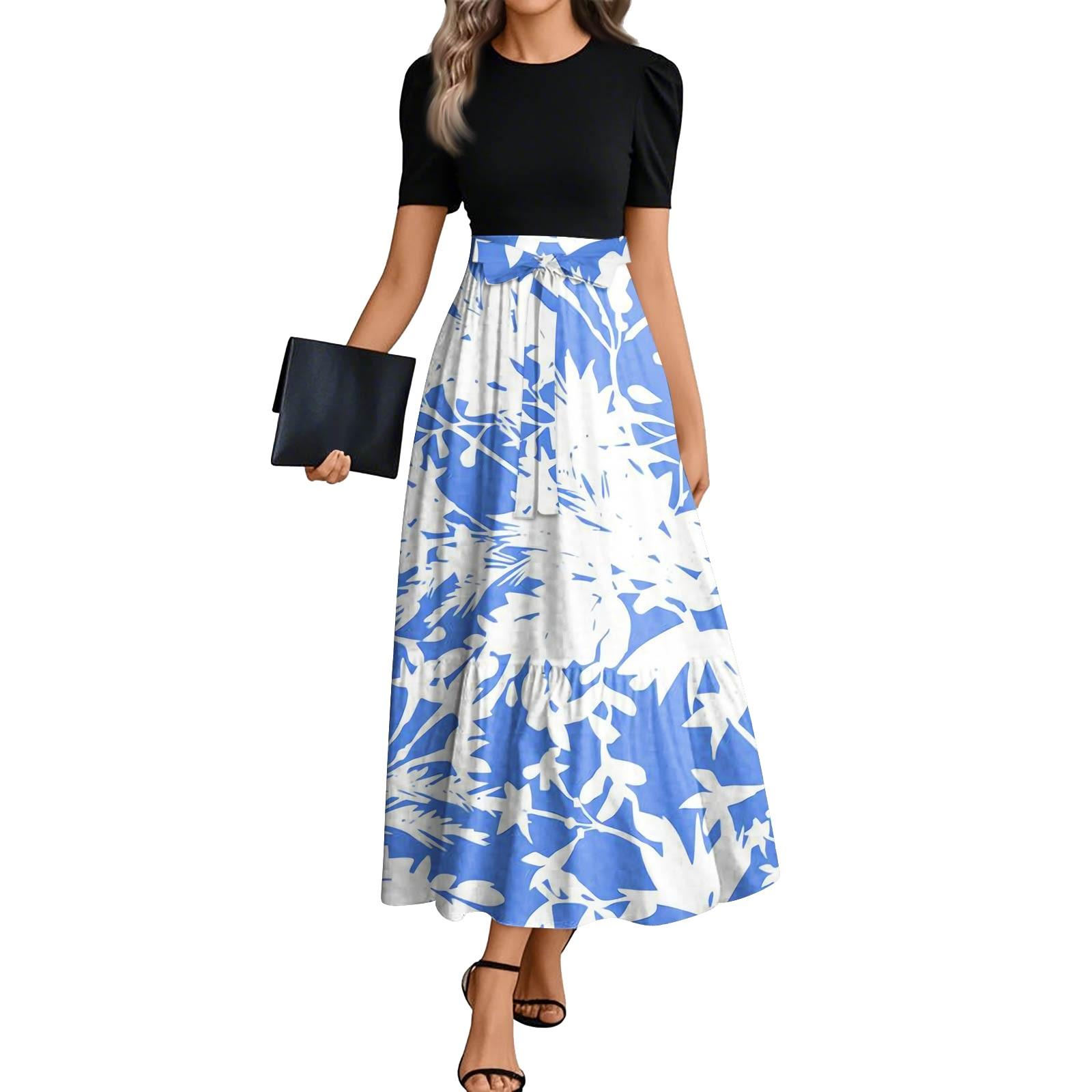 

Жіноча мода повсякденний пояс з круглим вирізом та коротким рукавом квітковий друк елегантний плаття L