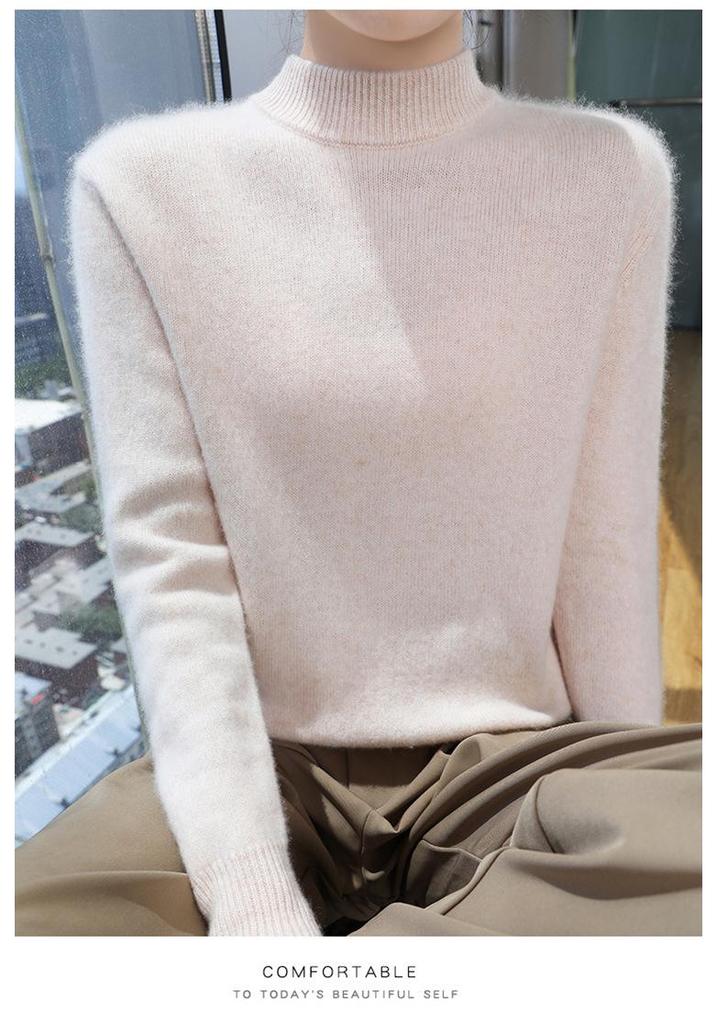 Chic Half-High Collar Wool Long-Sleeve Women's Sweater - Slim Fit Base Layer for Spring and Autumn