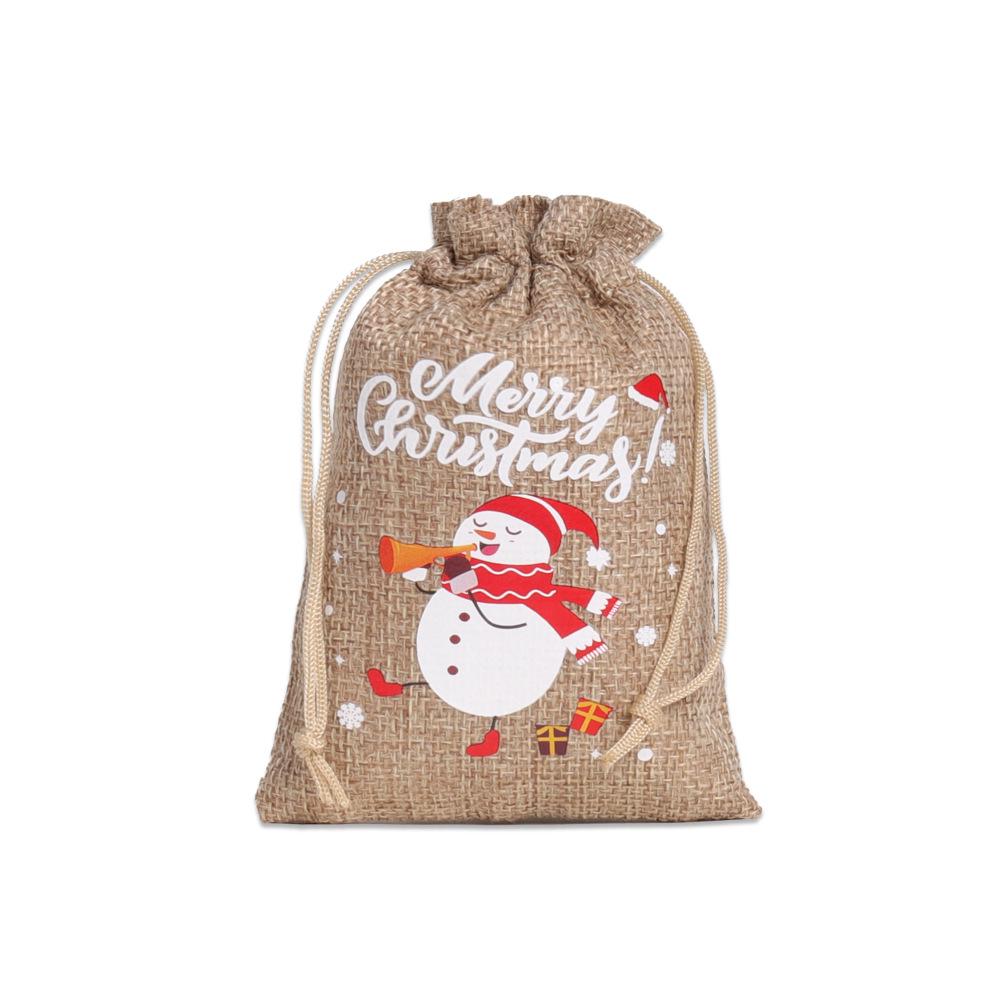 Festive Wear-Resistant Burlap Bag with Drawstring: Multicolor Snowman & Santa Patterns