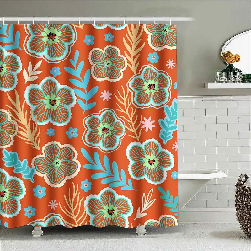 Rustic Floral Shower Curtain Orange Blue Print Bath Decor Fabric Waterproof Home Decoration 72x84 In (180X213 CM)