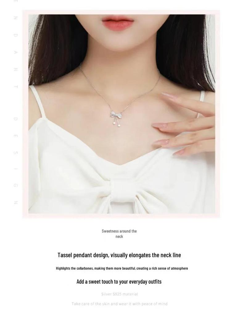 Exquisite S925 Sterling Silver Bow Tassel Pendant Clavicle Necklace for Women