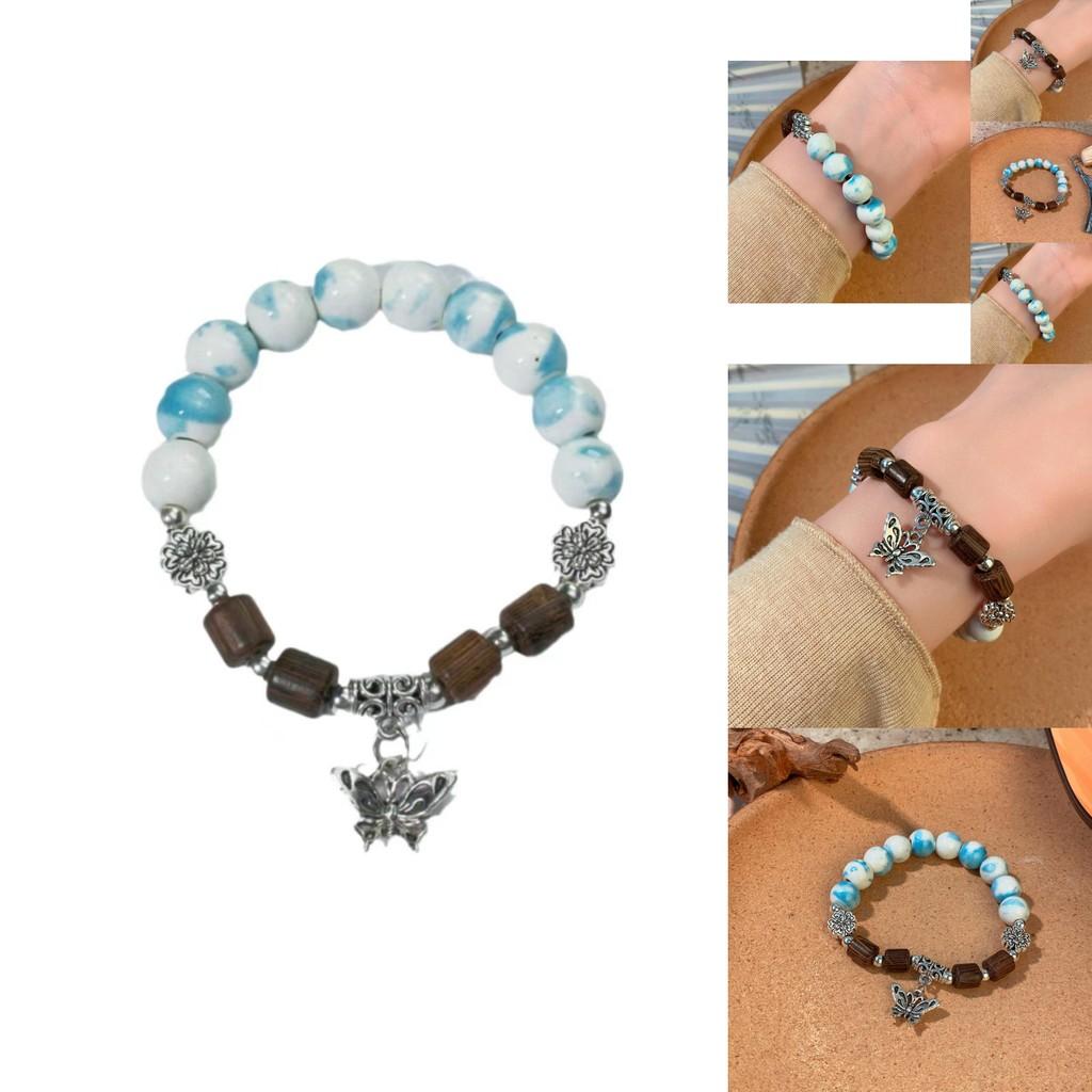 Vintage-inspired Ceramic Butterfly Beaded Bracelet Elegant Handmade Women's Wrist Accessory
