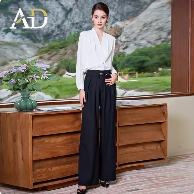 Stylish Long-Sleeve French White Top with Wide-Leg Pants Two-Piece Set for Women