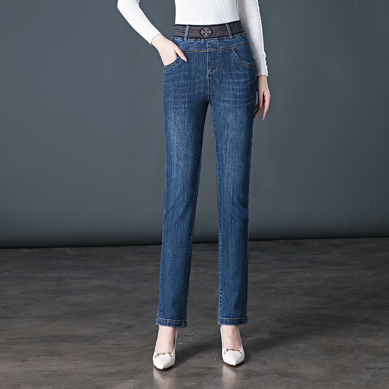 Herfst en winter jeans dames hoge taille elastisch medium damesbroek, dun en warm, verdikte warme rechte broek