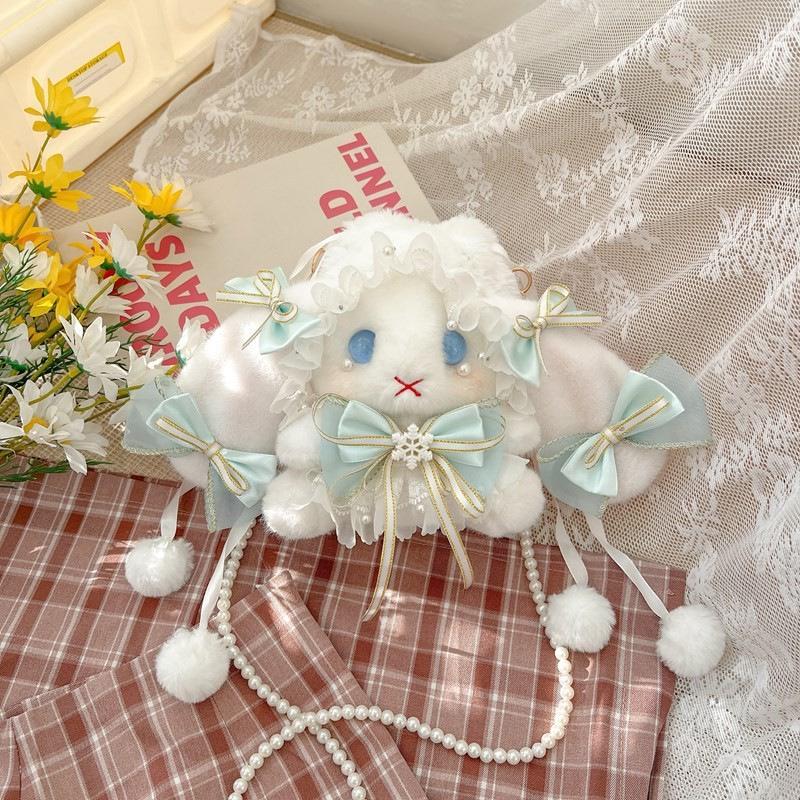 Lolita Plüsch Hasen Tasche mit Schleife, Perlenkette und Herz Design - Süße Girly Umhängetasche