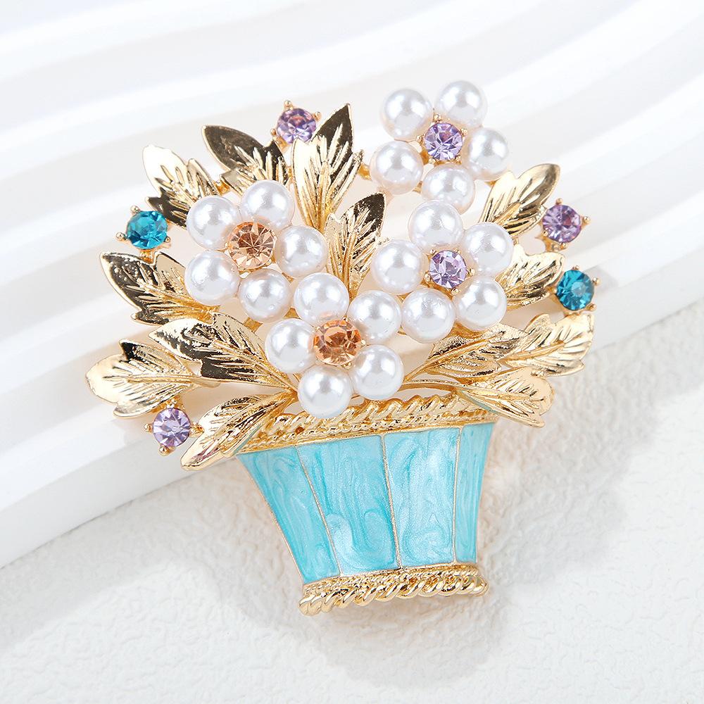 Módní perlová květina modrá brož květináč rostlina květina špendlík korsáž brož kamínky doplňky designová brož mini perfektní dárek pro páry