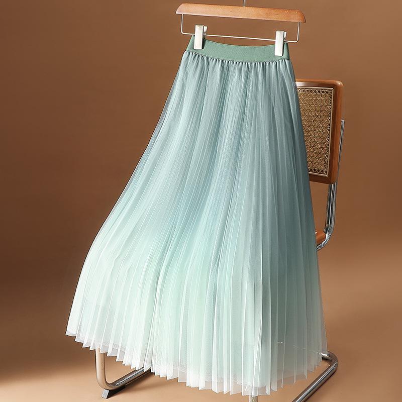 

Gradient Layered Mesh Pleated Skirt - High Waist, Slimming Mid-Length for All Seasons One Size