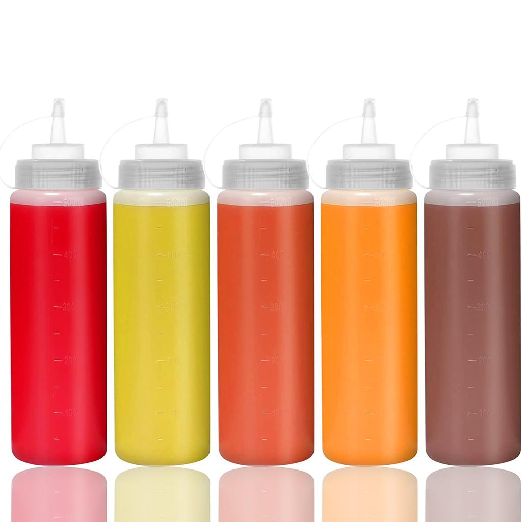 1/2/4/6 Stück Gewürz-Quetschflaschen mit Kappen, Kunststoff-Quetschspender mit Messangaben für Ketchup, BBQ, Saucen, Sirup