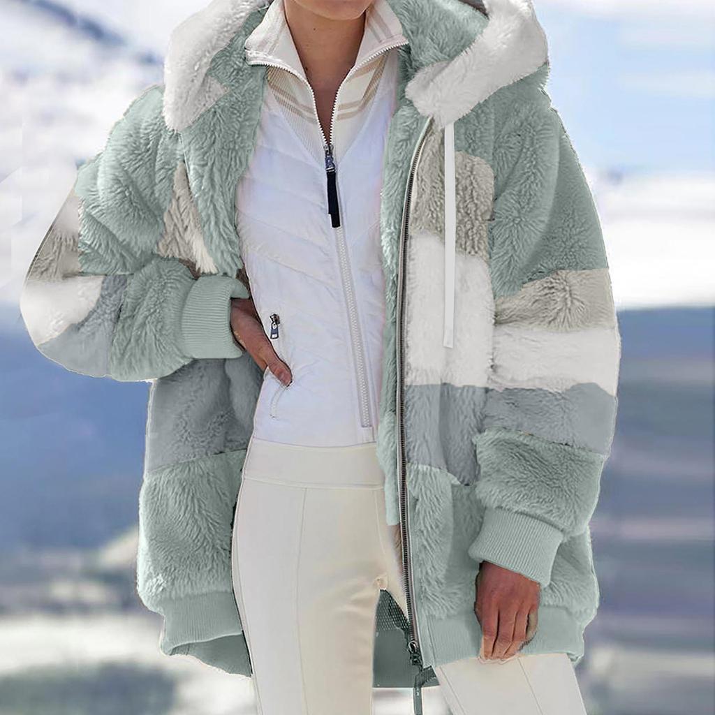 Womens Fashion Splicing Winter Loose Plush Long Sleeve Zipper Pocket Hooded Coat