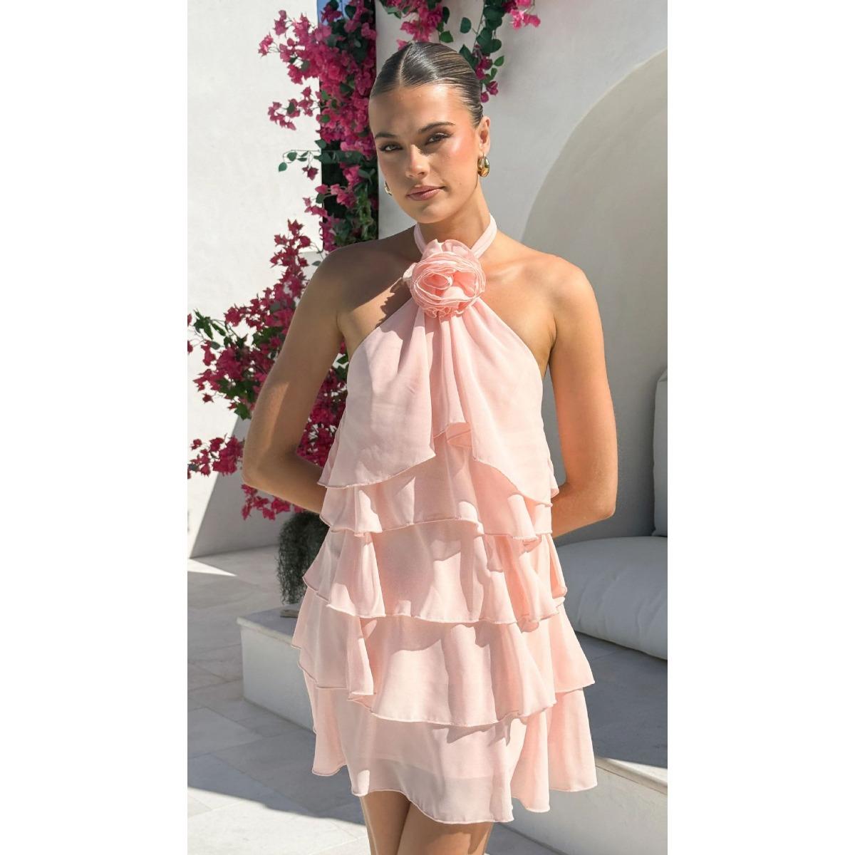 Women s Halter Neck Sleeveless Mini Dress Loose Fit Elastic Waist Casual Ruffled Chiffon Dress S