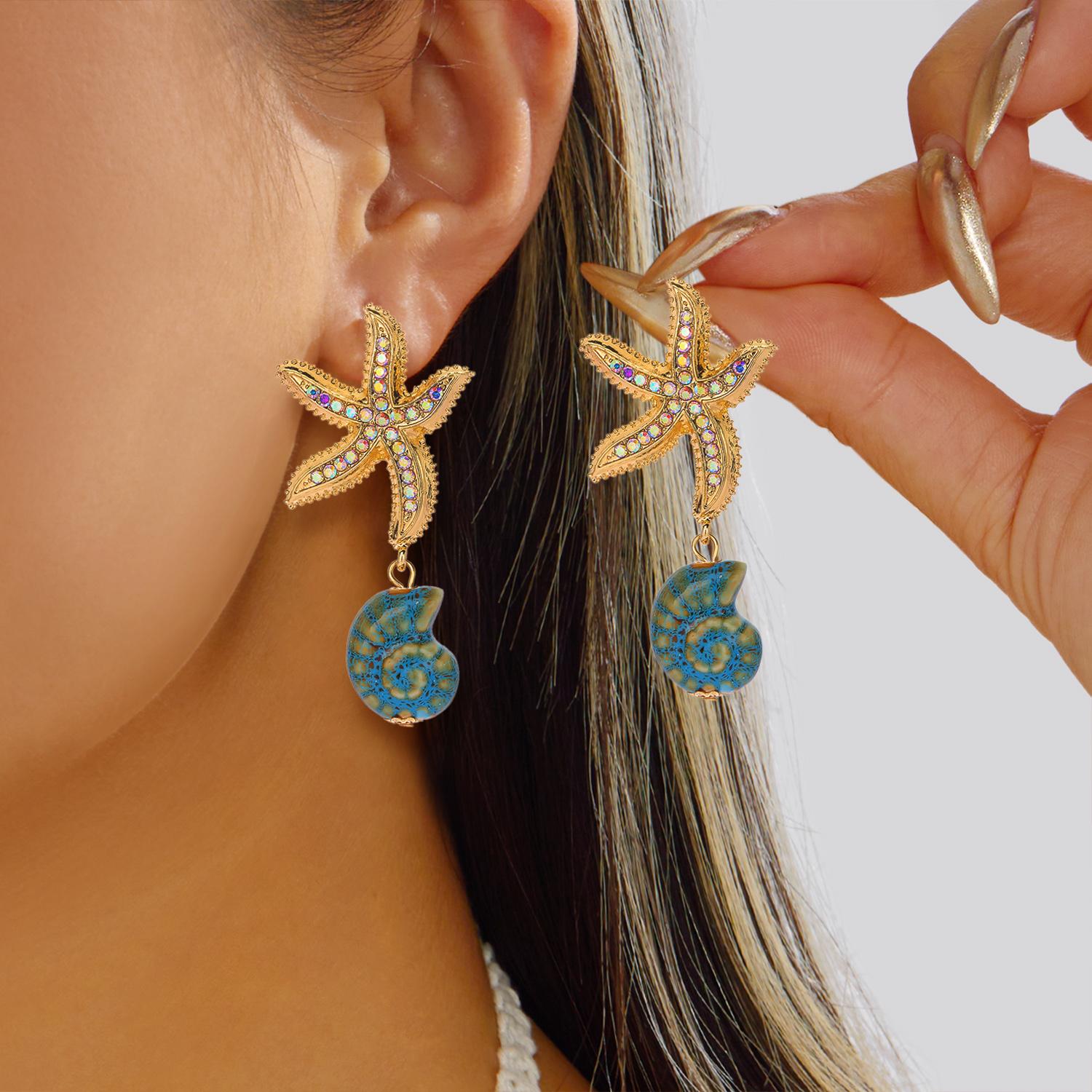 

Summer Boho Rhinestones Starfish Earrings for Women Trendy Ceramic Conch Drop Earrings Holiday Party Jewelry Accessories