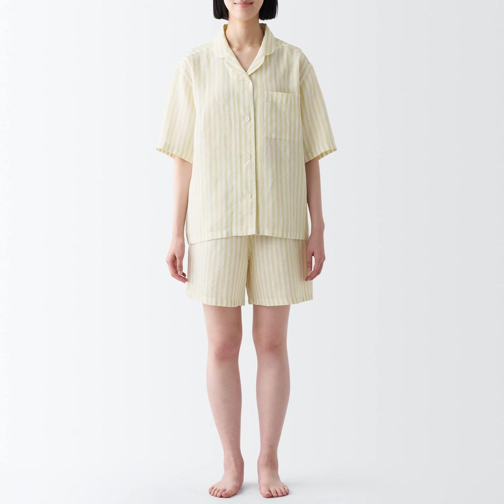 MUJI Natural Lyocell Linen Pajamas FDB06A3S Light Yellow Stripe Size S Cool-to-the-Touch Short-Sleeve Women's