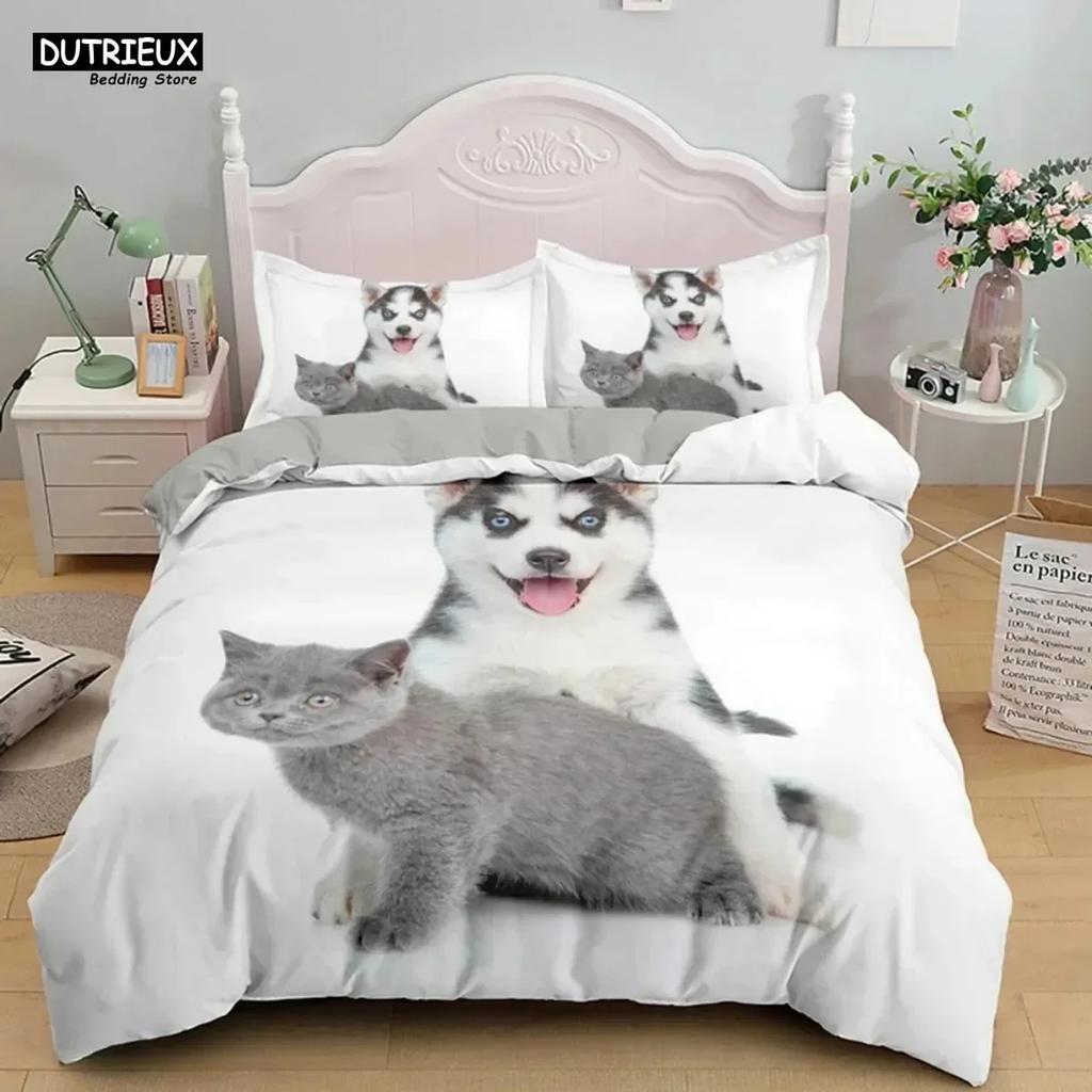 Luxury New 3D Print Cute Baby Cat Bedding Set White Black Kitten Bed Linen Single Double Duvet Cover Kids Girls Dogs Room Decor