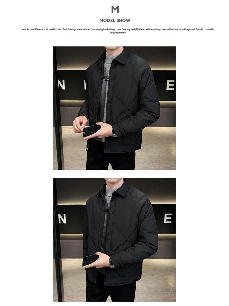 Men's Lightweight Korean Style Plaid Down Jacket with Turn-Down Collar