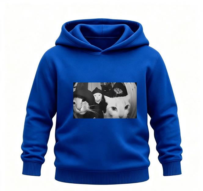 Funny Aesthetic Black‑and‑White Gang Cat Photo Graphic Kids Hoodie Loose Oversized Pullover Boys Girls Casual White Sweatshirt